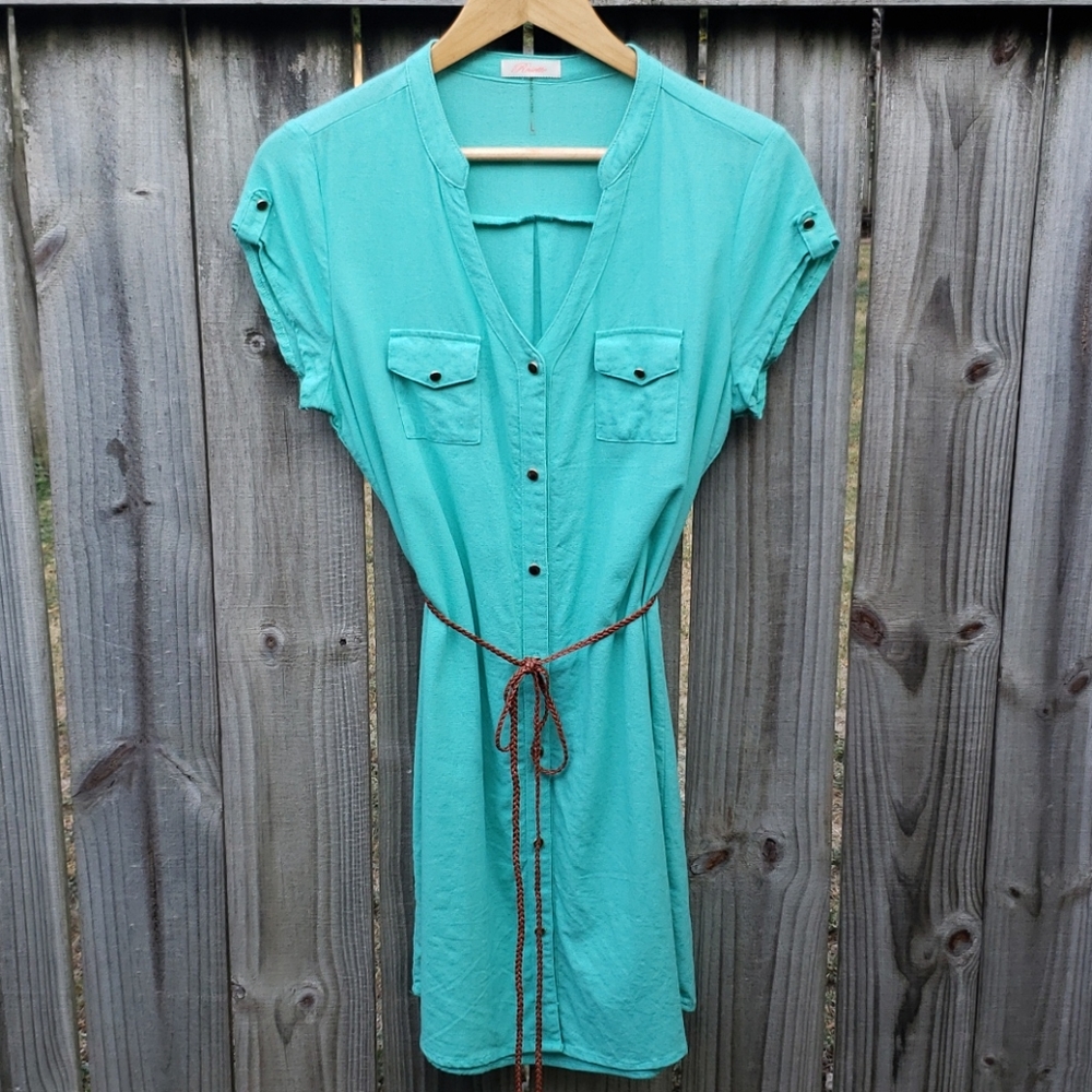 Mint/Teal Belted Linen Shirt Dress
